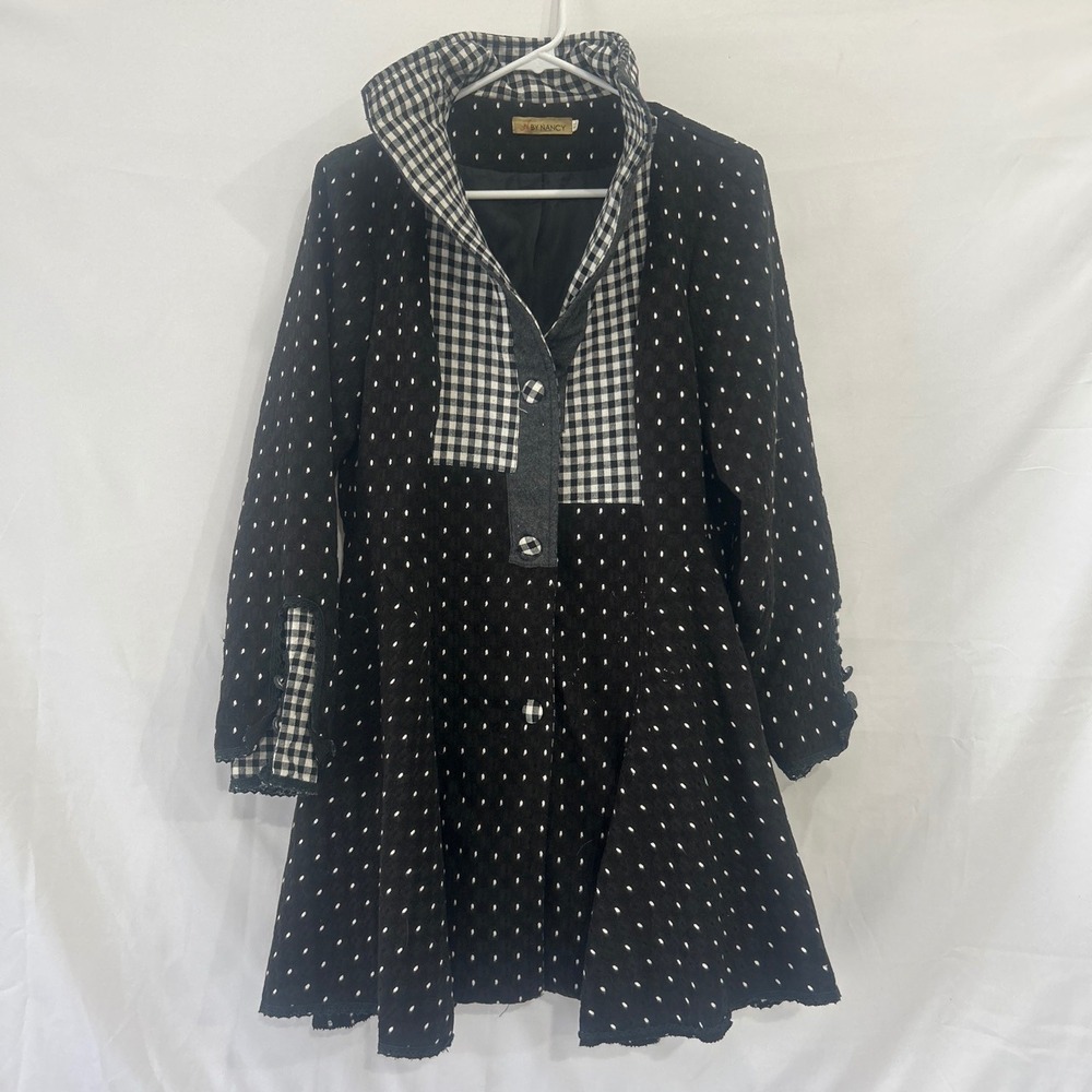 N By Nancy Womens XL Mixed Media Polka Dot Gingham Longline Coat Black White